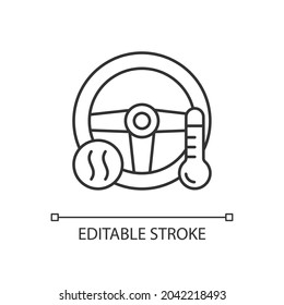 Heated steering wheel linear icon. Providing comfort to driver. Keeping hands warm in car. Thin line customizable illustration. Contour symbol. Vector isolated outline drawing. Editable stroke