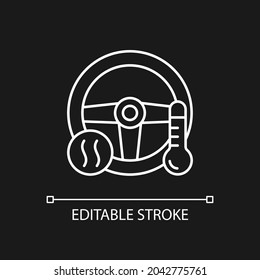 Heated steering wheel white linear icon for dark theme. Provide comfort to driver. Keep hands warm. Thin line customizable illustration. Isolated vector contour symbol for night mode. Editable stroke