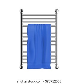 Heated towel rack in polished steel or chrome finish with blue color towel. Isolated on white background.