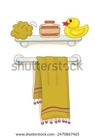 heated towel rack with yellow towel. shelf with washcloth, shampoo and duckling for bathing. Wash. Purely. Isolated on white background. Heated towel rail in the bathroom interior. Vector illustration