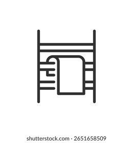 Heated towel rail with hanging towel, linear icon. Bathroom drying appliance. Line with editable stroke.