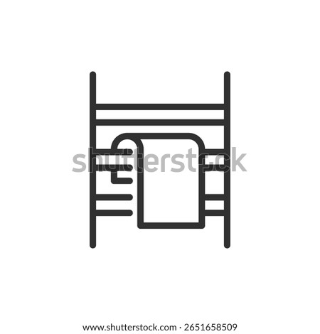 Heated towel rail with hanging towel, linear icon. Bathroom drying appliance. Line with editable stroke.