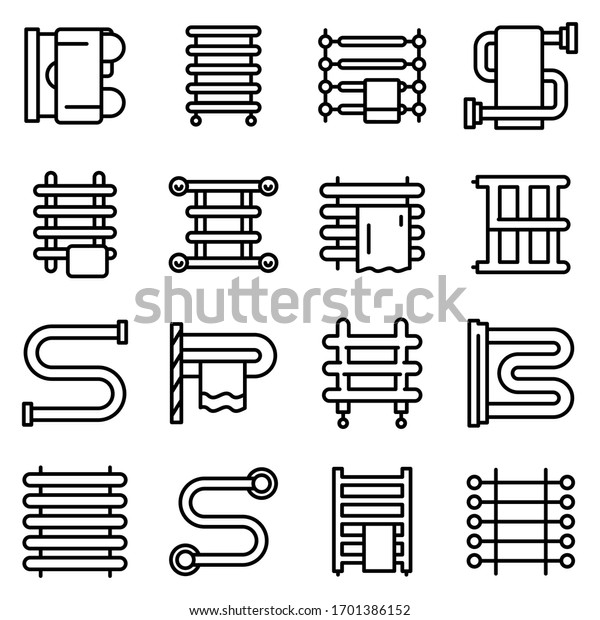 Heated towel\
rail icons set. Outline set of heated towel rail vector icons for\
web design isolated on white\
background