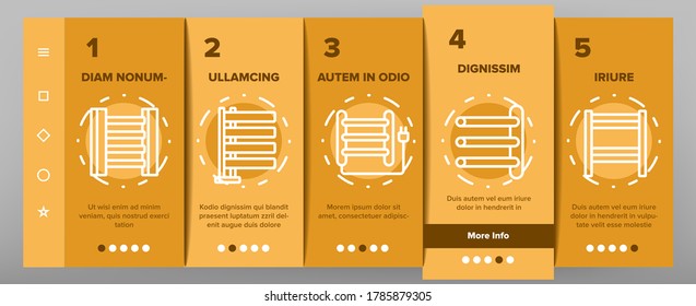 Heated Towel Rail Onboarding Mobile App Page Screen Vector. Towel Rail Bathroom Heating Radiator Device. Dryer Equipment For Drying Napkin Illustrations