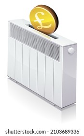 Heater and air conditioner with a piggy bank slot in which a gold coin with the pounds sterling symbol is inserted