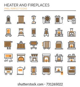Heater and Fireplaces , Thin Line and Pixel Perfect Icons
