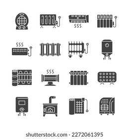Heater glyph icon set. Heating equipment vector sign. Convector, oil radiator, furnace, fan heater, infrared heater, warm floor, air conditioner  symbols. 