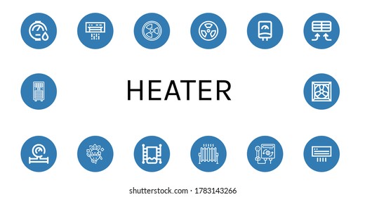 heater icon set. Collection of Water heater, Air conditioner, Radiation, Water meter, Cool, Heated towel rail, Heat, Heater, Air conditioning, Cooling system icons