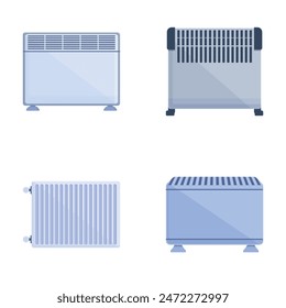 Heater icons set cartoon vector. Equipment for providing heat at home. Heating device