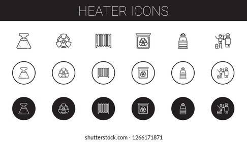 heater icons set. Collection of heater with geyser, radiation, radiator, sauna. Editable and scalable heater icons.