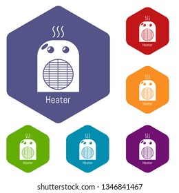 Heater icons vector colorful hexahedron set collection isolated on white