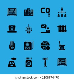 heater, laptop, laptop, microphone, worldwide, analytics, power plant, rocking chair and boss vector icon. Simple icons set
