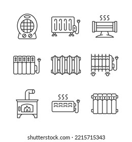 Heater Line Icon Set. Heating Equipment Vector Sign. Convector, Oil Radiator, Furnace, Fan Heater, Infrared Heater Symbols. Editable Stroke.