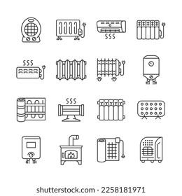 Heater line icon set. Heating equipment vector sign. Convector, oil radiator, furnace, fan heater, infrared heater, warm floor, air conditioner  symbols. Editable stroke.