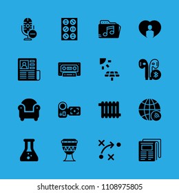 heater, microphone, newspaper, solar panel, music folder, chemistry, cassette, tablets and armchair vector icon. Simple icons set