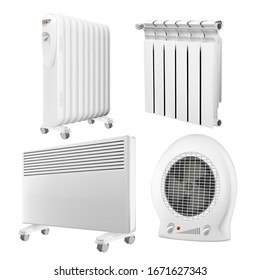 Heater Radiator Appliance Collection Set Vector. Wall Radiator And Electrical Oil-filled Device, Convector And Heat Fan Ventilator With Temperature Control. Concept Template Realistic 3d Illustrations