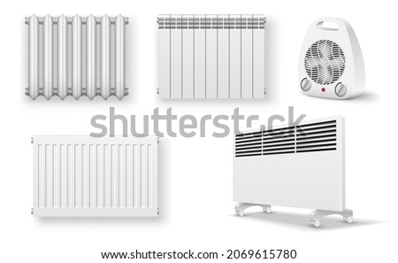 Heater radiator appliance collection set. Wall radiator and electrical oil-filled device, convector and heat fan ventilator with temperature control. Template realistic 3d vector illustrations