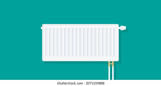 Heater radiator at home. Central heater radiator on wall of room with thermostat, valve and pipe. Heat system in house. Iron heating equipment in front. Icon for cost of energy for warm. Vector.