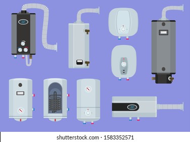 Heater systems. Water boiler house gas station warm technology vector set