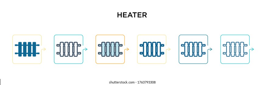 Icono del vector del calefactor en 6 estilos modernos diferentes. Iconos de dos colores para el calentador, negros, diseñados en el estilo relleno, contorno, línea y trazo. La ilustración vectorial se puede usar para web, móvil, ui