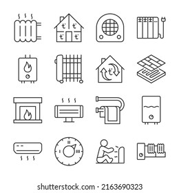 Heaters Icons Set.  Equipment For Home And Space Heating, Linear Icon Collection. Line With Editable Stroke