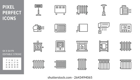 Conjunto de ícones da linha dos aquecedores. A ilustração vetorial inclui ícone - lareira elétrica, fogão de pelota, termostato, pictograma do contorno do radiador do convetor para o clima interior. Perfeito 64x64 pixels, traçado editável.