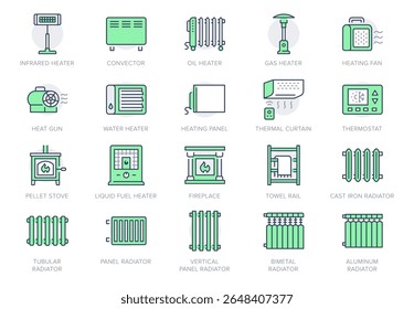 Conjunto de ícones da linha dos aquecedores. A ilustração vetorial inclui ícone - lareira elétrica, fogão de pelota, termostato, pictograma do contorno do radiador do convetor para o clima interior. Cor Verde, Traço Editável.