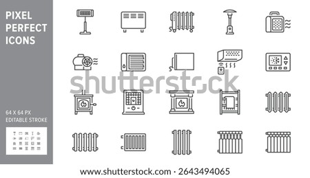 Heaters line icon set. Vector illustration include icon - electric fireplace, pellet stove, thermostat, convector radiator outline pictogram for interior climate. 64x64 Pixel Perfect, Editable Stroke.
