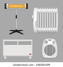 Heaters realistic set of isolated heater images on transparent background with different models and generations vector illustration