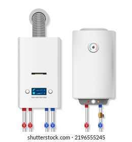 Heizsysteme. Gaskessel und elektrisches Warmwasserbereitungssystem, elektrische Heizkessel, Vektor einzeln, häusliche Warmwasserbereiter mit Flammenofen und elect energy