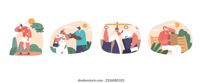 Heat-exposed Characters Endure Discomfort, Dehydration, Sunburns, And Exhaustion During Summer Heat, Vector Illustration