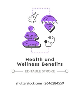 Heath and wellness benefits modern linear concept icon. Mental wellbeing, meditation. Insurance service. Flat outline elements connected with dotted lines. Creative visual. Easy to edit
