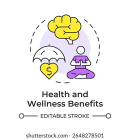 Heath and wellness benefits multi color concept icon. Mental wellbeing, meditation. Insurance service. Round shape line illustration. Abstract idea. Graphic design. Easy to use in article, blog post