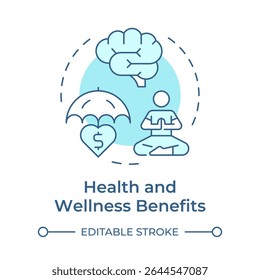 Heath and wellness benefits soft blue concept icon. Mental wellbeing, meditation. Insurance service. Round shape line illustration. Abstract idea. Graphic design. Easy to use in article, blog post