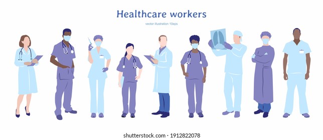 Heathcare workers. Doctor group vector illustration. Medical profession. Nurses, surgeons and therapists in uniform.