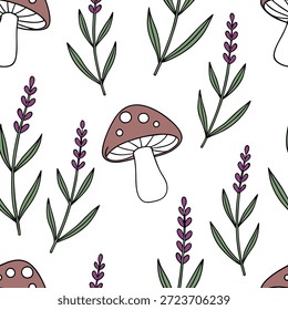 Heather and mushrooms seamless pattern enchanted isolated white background ideal for fairy tale textiles branding packaging concept as Enchanted heather and mushrooms seamless pattern on a white background perfect for fairy tale textiles branding and packaging designs in Photo Stock Concept and empty space on the left side,no text --ar 7:2 --tile