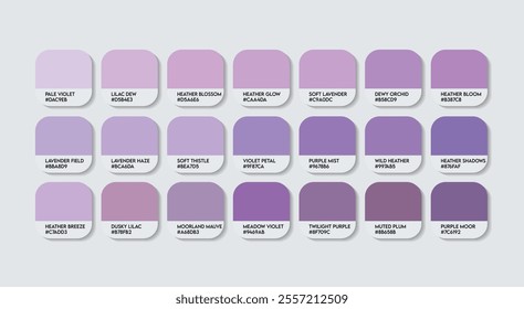 Heather (UK) Flower Color Palette, Heather Flower Color Guide Palette with Color Names. Catalog Samples of Calluna vulgaris Flower colors with RGB HEX code. Indigo Violet, Purple Color Palette shades