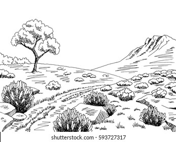 Heathland graphic black white landscape sketch illustration vector