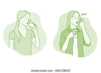 Heathy eating and drinking concept. Young positive woman cartoon character drinking pure water and eating balanced meal living healthy lifestyle and enjoying time vector illustration 