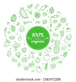 Heathy food. 100% organic. Set of hand drawn isolated icon. Green. vector