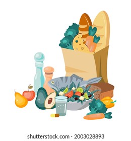 Heathy food. Healthy lifestyle. Healthy diet. Set of food. Fruits, vegetables, dressings, seafood on a white background. Balanced nutrition every day. Healthy food grocery bag. Vector Illustration