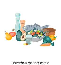 Heathy food. Healthy lifestyle. Healthy diet. Set of food. Fruits, vegetables, dressings, seafood on a white background. Healthy food concept. Vector Illustration