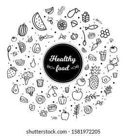 Heathy food. Set of hand drawn isolated icon. Black and white. vector