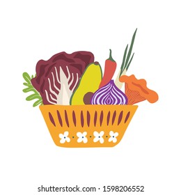 Heathy meal vegetable salad ingredients in a bowl. Hand drawn kitchen print. Vector illustration 