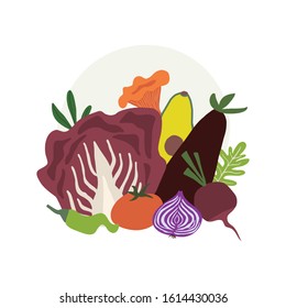 Heathy meal vegetable salad ingredients. Hand drawn kitchen print. Vector illustration 