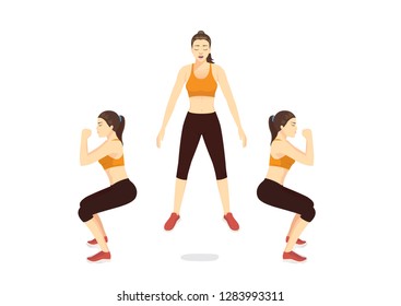 Heathy Woman doing squat jump in 3 side view on isolated. Illustration about introducetion of workout posture.