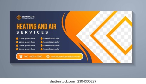 heating and air conditioner services  Promo Banner Vector. Cooling Conditioner Block And Remote Control For House Or Office. Climate Technology Equipment Layout Illustration. space for photo collage.