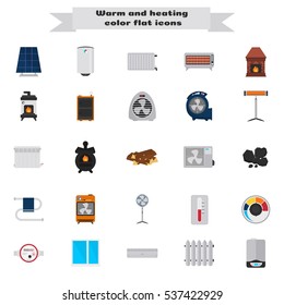 Heating and air conditioning devices color flat icons set