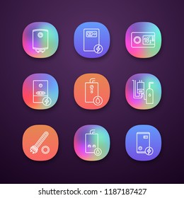 Heating app icons set. Boilers, heaters, thermostat, boiler room. Gas and electric water heater. Commercial, industrial and domestic central heating systems. UI/UX interface. Vector illustrations