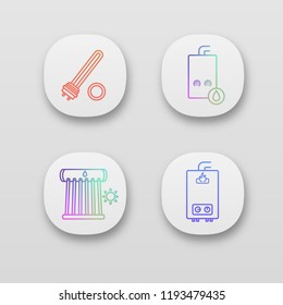 Heating app icons set. Electric and gas water heaters, heating boiler, industrial water heater. UI/UX user interface. Web or mobile applications. Vector isolated illustrations